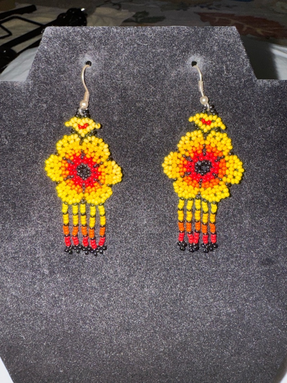 Boho Hand-Beaded Flower Fringe Earrings Sunset Ombré Yellow Orange Red